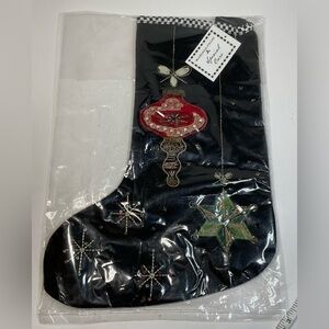 McKenzie Childs  Black and Red Holiday Stocking with Ornaments embroidered beads